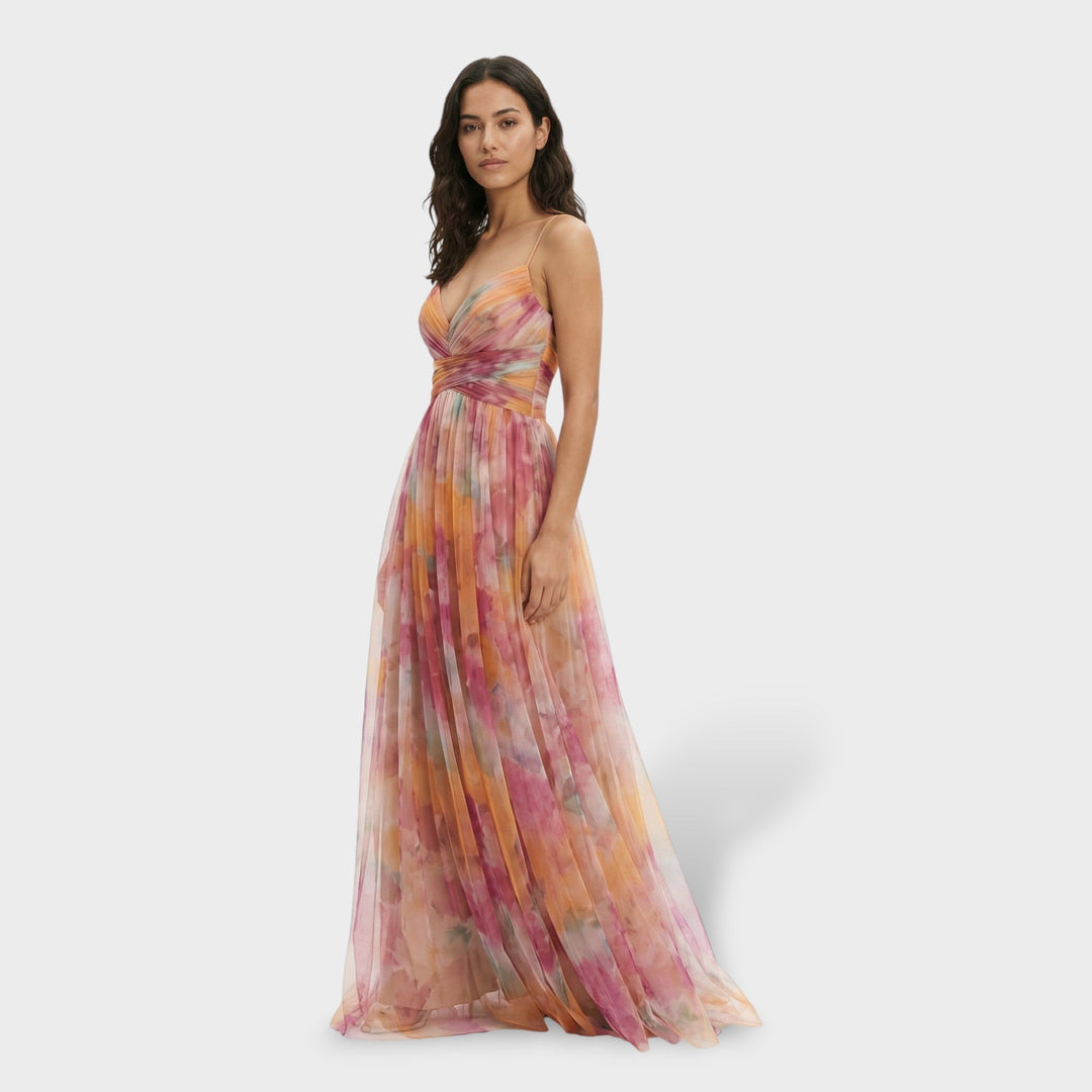 Vestido maxi multicolor para mujer con escote en V, tirantes finos, sin espalda