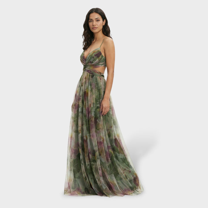 Vestido maxi multicolor para mujer con escote en V, tirantes finos, sin espalda