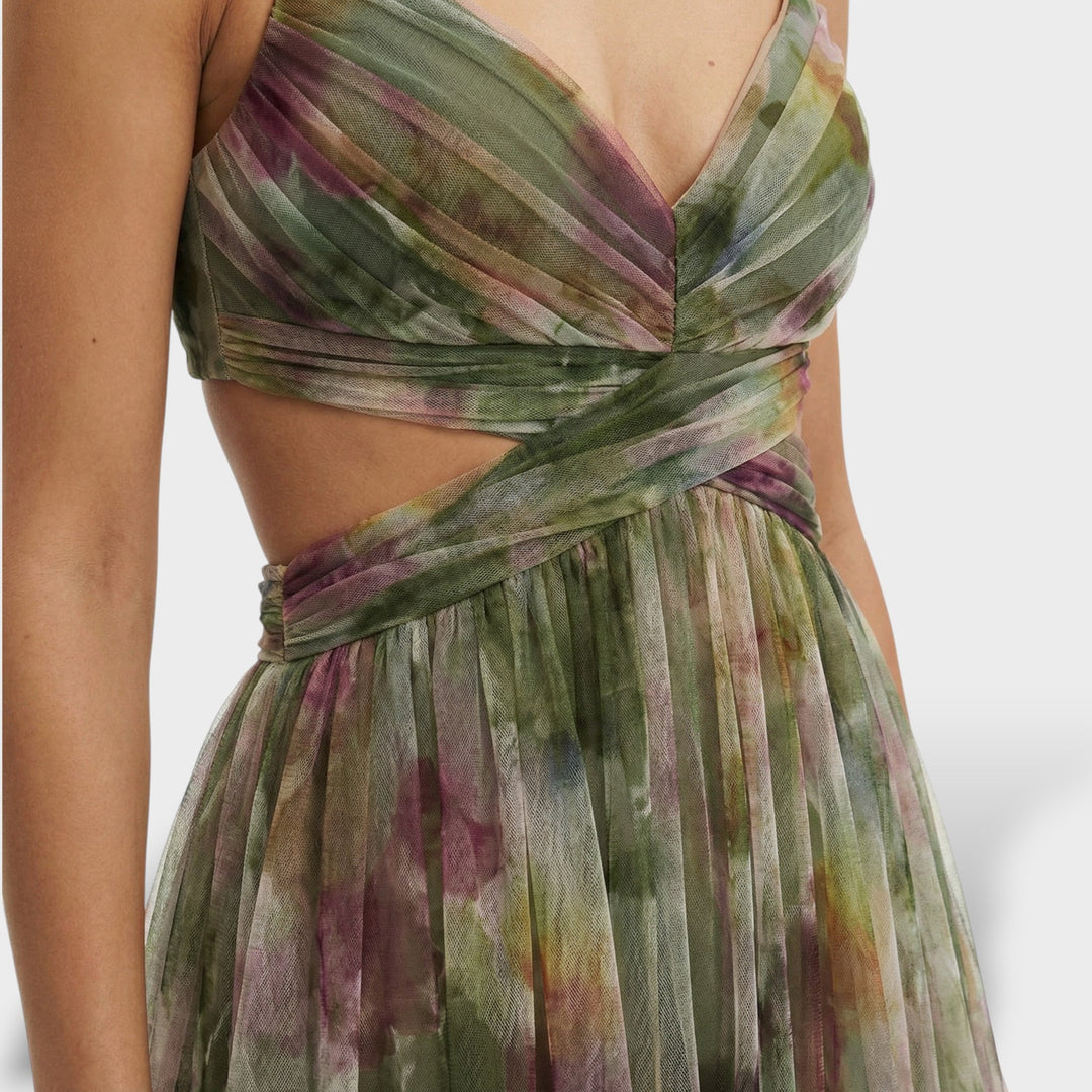 Vestido maxi multicolor para mujer con escote en V, tirantes finos, sin espalda