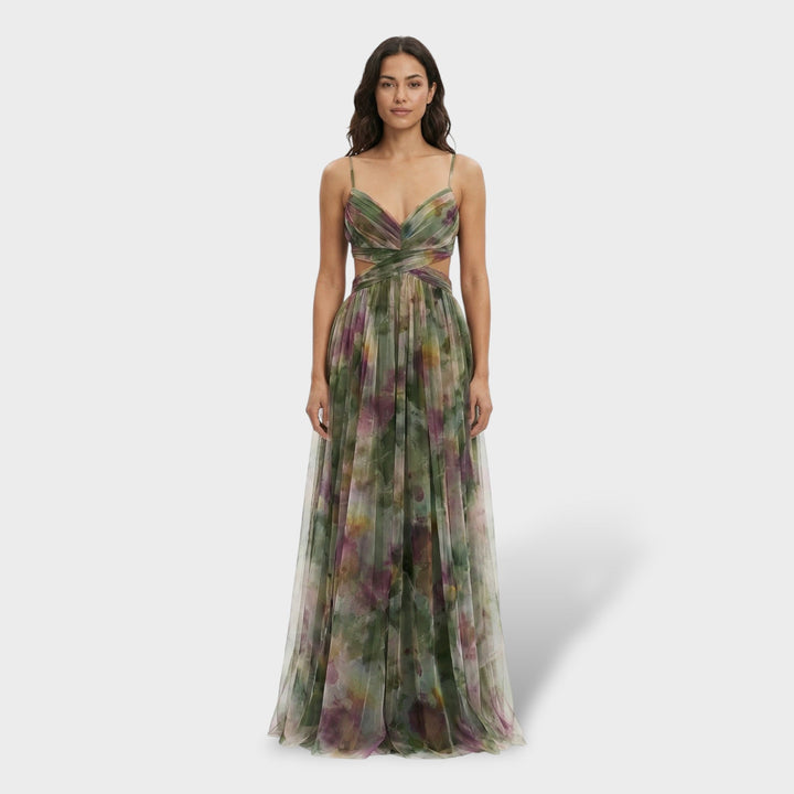 Vestido maxi multicolor para mujer con escote en V, tirantes finos, sin espalda