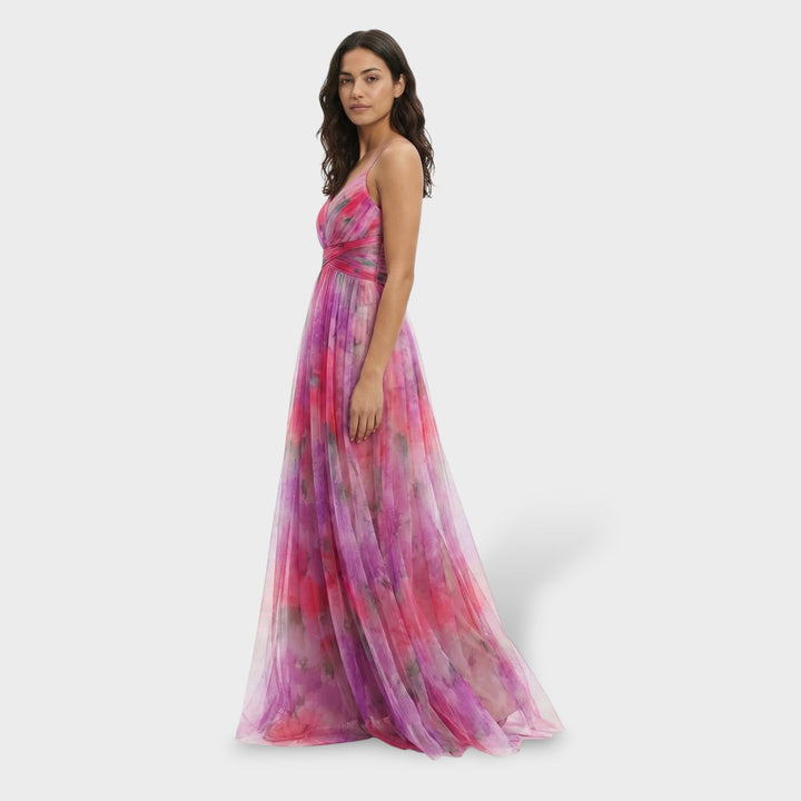 Vestido maxi multicolor para mujer con escote en V, tirantes finos, sin espalda