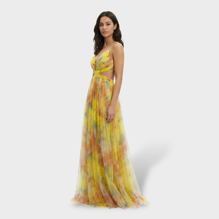 Vestido maxi multicolor para mujer con escote en V, tirantes finos, sin espalda