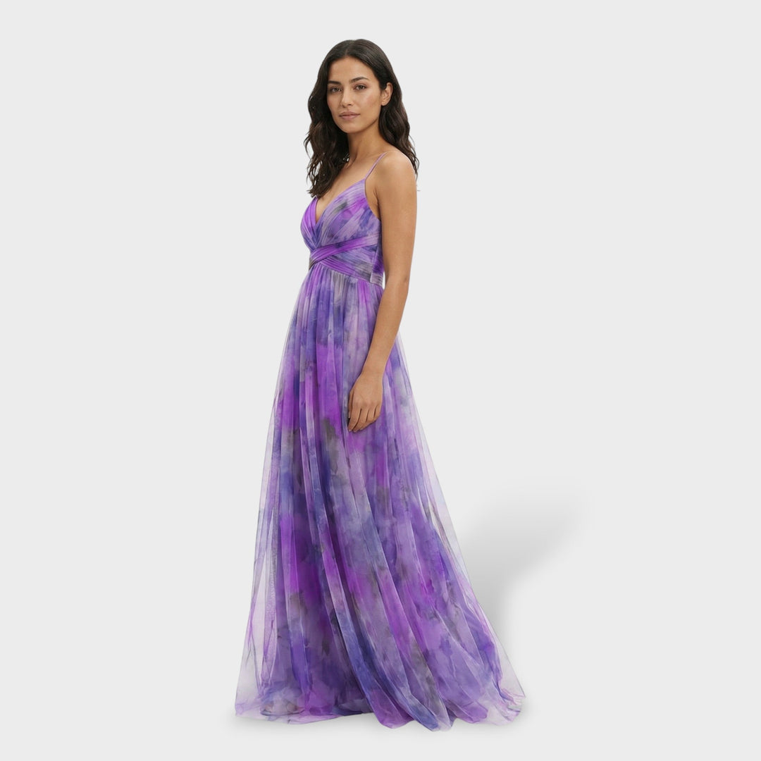 Vestido maxi multicolor para mujer con escote en V, tirantes finos, sin espalda