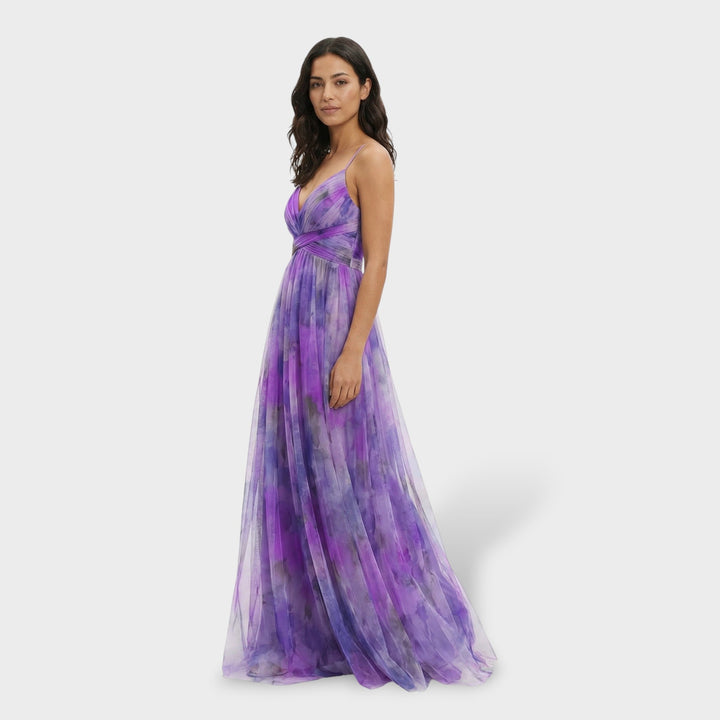 Vestido maxi multicolor para mujer con escote en V, tirantes finos, sin espalda