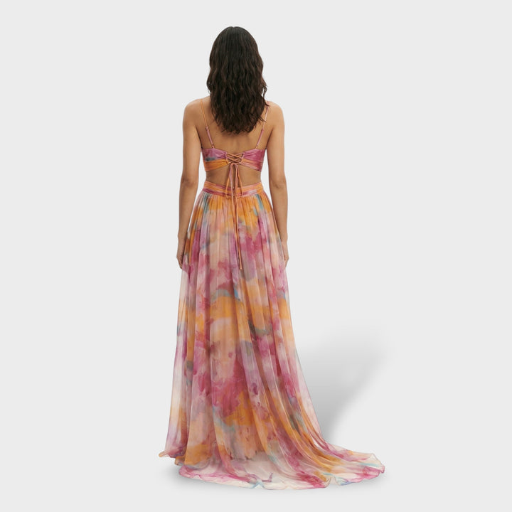 Vestido maxi multicolor para mujer con escote en V, tirantes finos, sin espalda