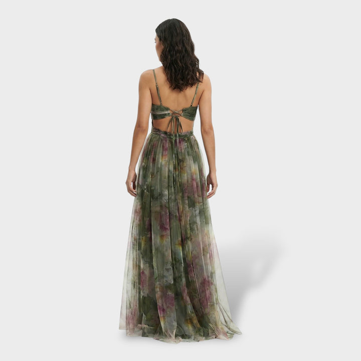 Vestido maxi multicolor para mujer con escote en V, tirantes finos, sin espalda