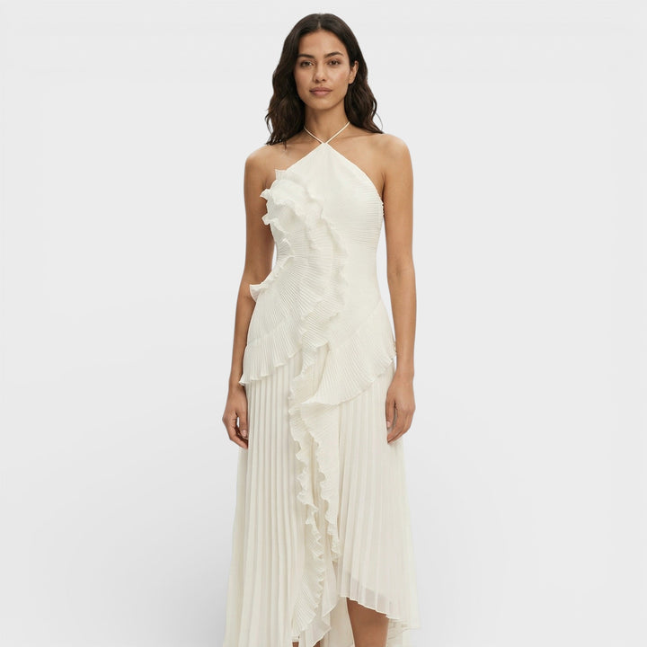 Vestido maxi para mujeres con cuello halter, plisado y asimétrico con volantes