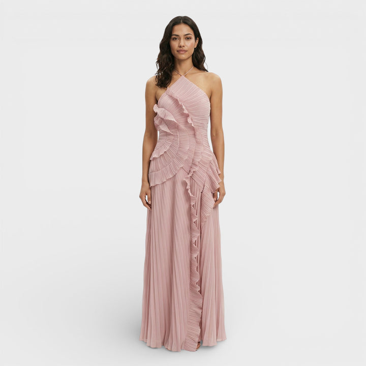 Vestido maxi para mujeres con cuello halter, plisado y asimétrico con volantes