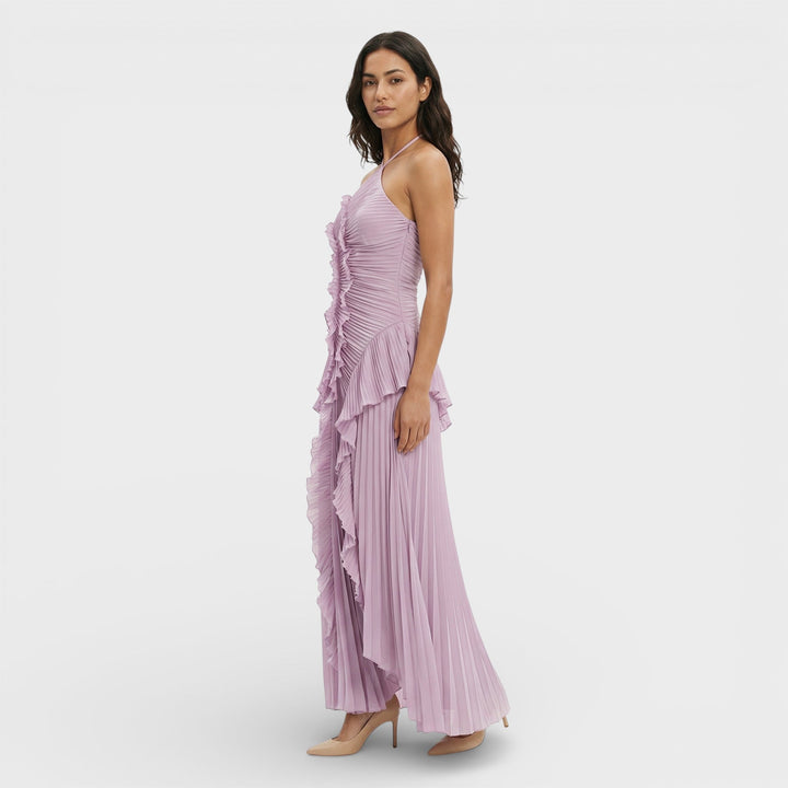 Vestido maxi para mujeres con cuello halter, plisado y asimétrico con volantes