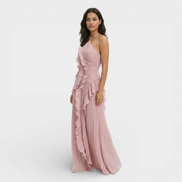 Vestido maxi para mujeres con cuello halter, plisado y asimétrico con volantes