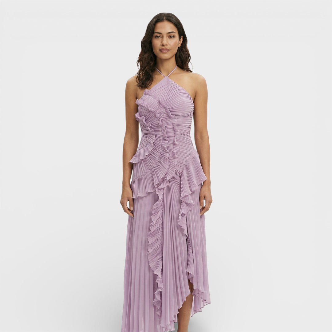 Vestido maxi para mujeres con cuello halter, plisado y asimétrico con volantes