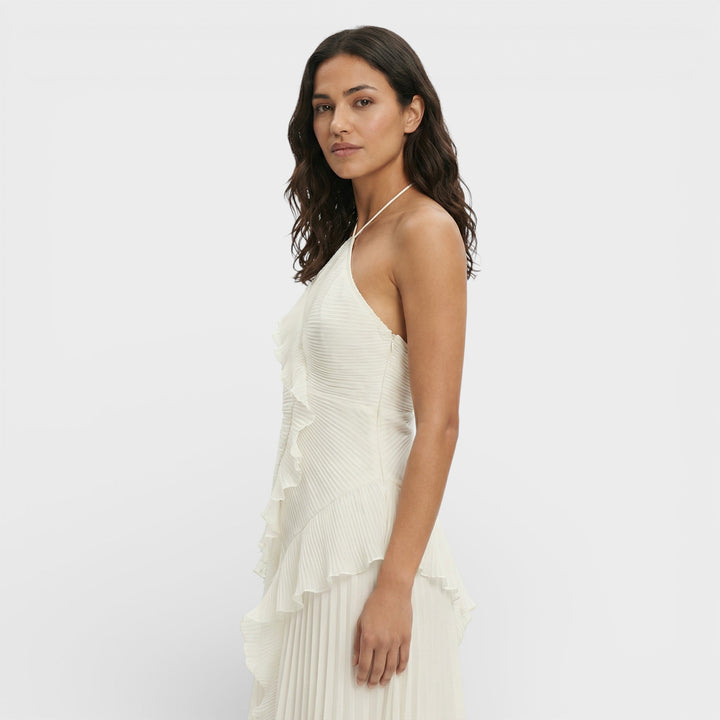 Vestido maxi para mujeres con cuello halter, plisado y asimétrico con volantes