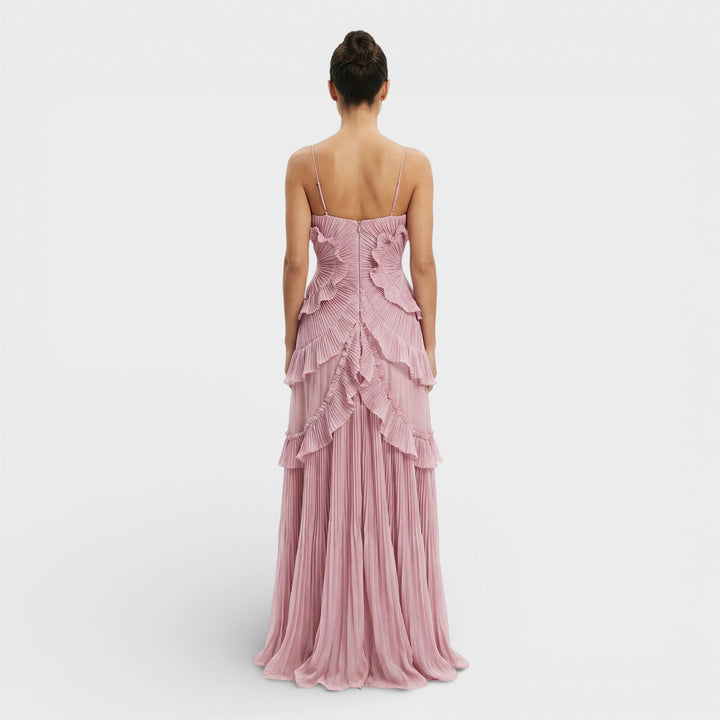 Vestido maxi para mujeres con cuello halter, plisado y asimétrico con volantes