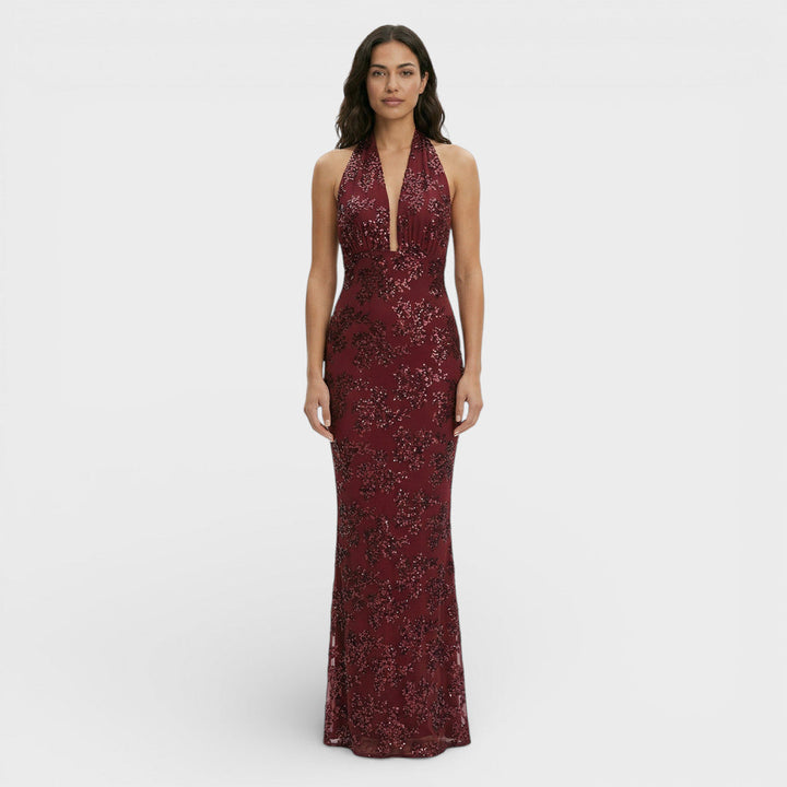 Vestido maxi con escote halter y patrón de lentejuelas ajustado