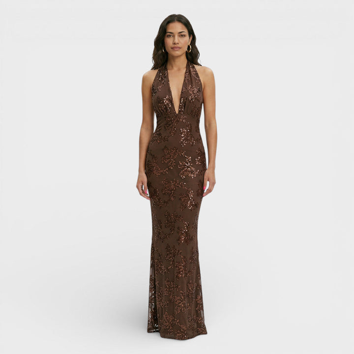 Vestido maxi con escote halter y patrón de lentejuelas ajustado
