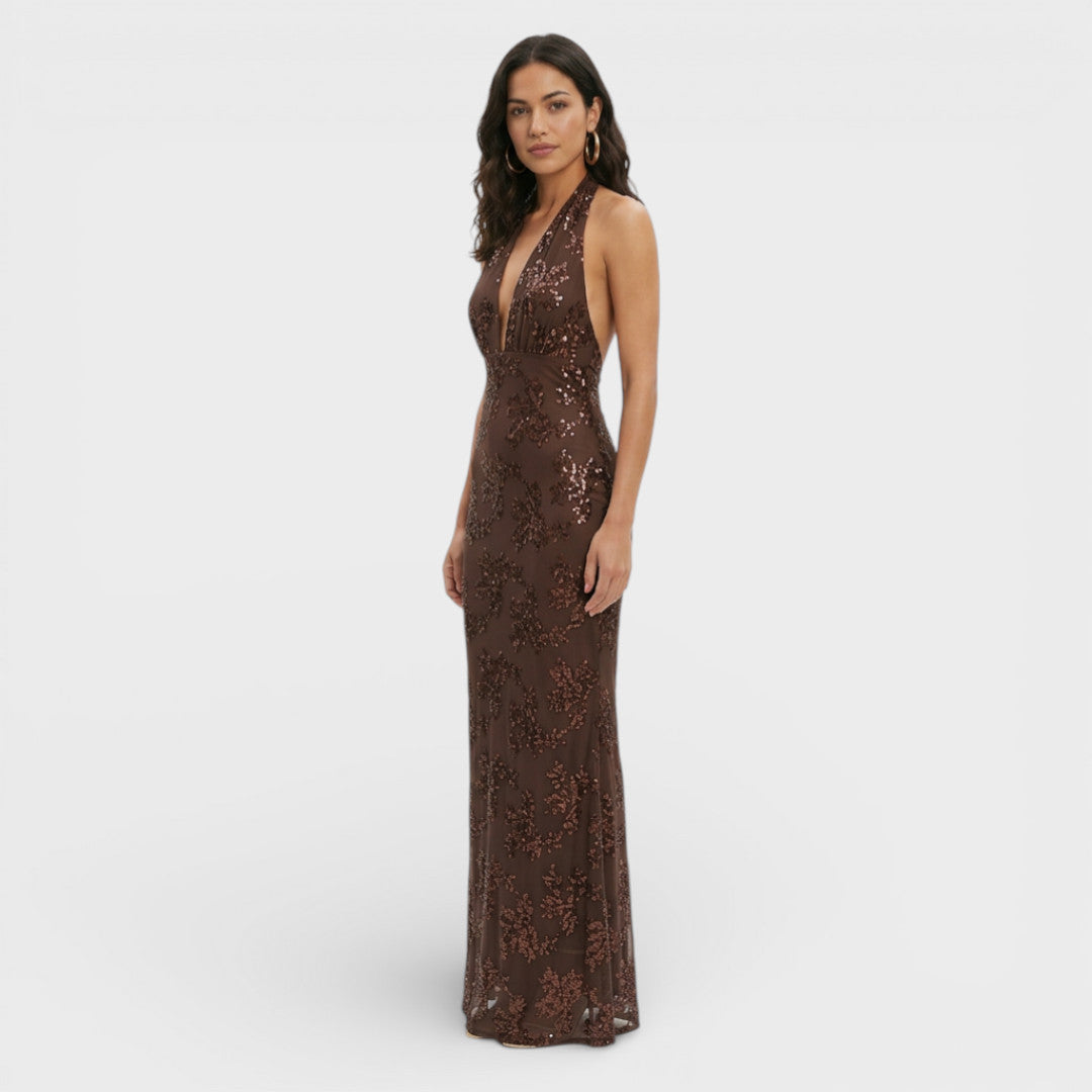 Vestido maxi con escote halter y patrón de lentejuelas ajustado