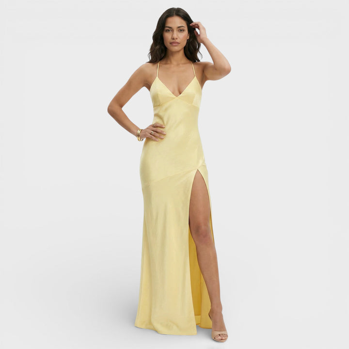 Vestido maxi para mujer con escote en V, tirantes finos y abertura lateral