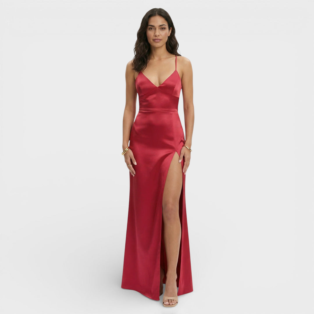Vestido maxi para mujer con escote en V, tirantes finos y abertura lateral