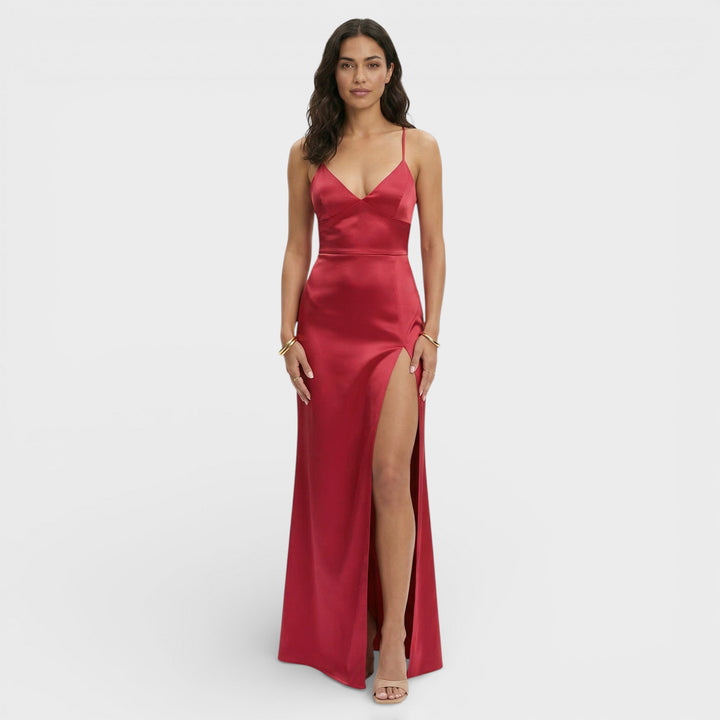 Vestido maxi para mujer con escote en V, tirantes finos y abertura lateral