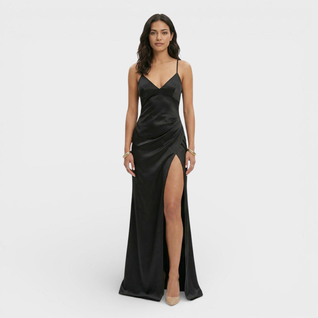 Vestido maxi para mujer con escote en V, tirantes finos y abertura lateral