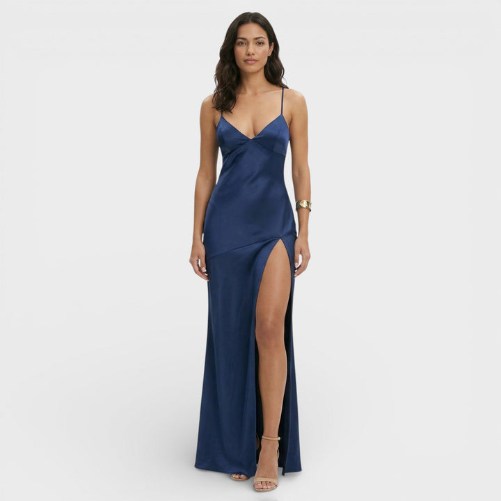 Vestido maxi para mujer con escote en V, tirantes finos y abertura lateral