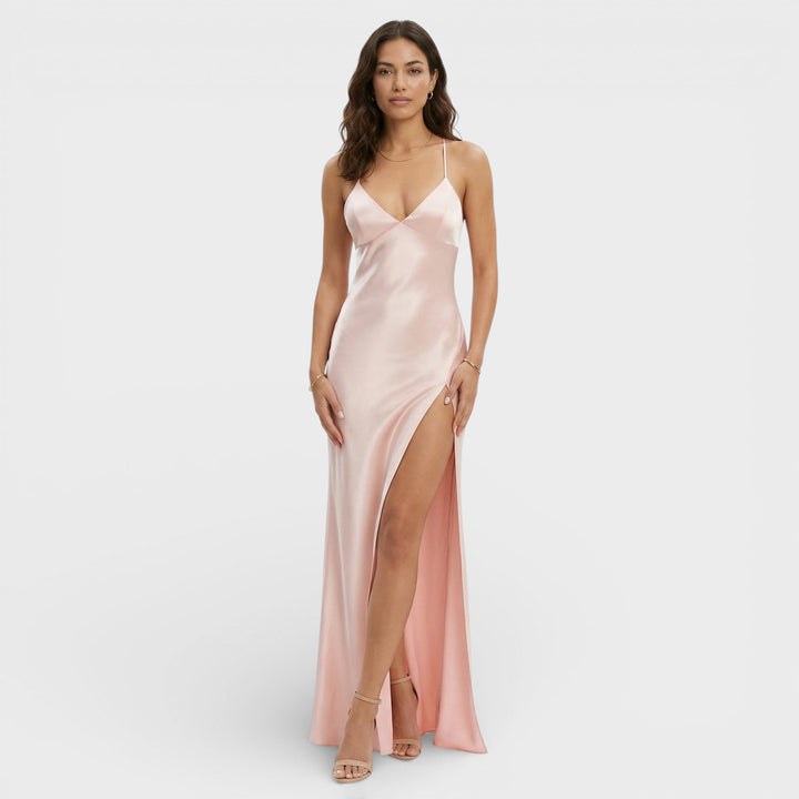 Vestido maxi para mujer con escote en V, tirantes finos y abertura lateral