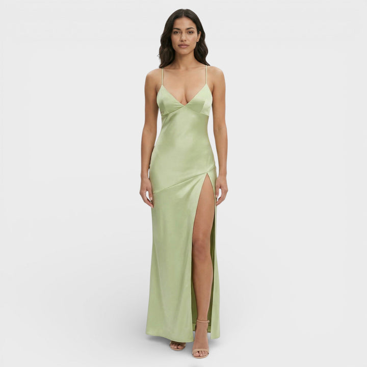 Vestido maxi para mujer con escote en V, tirantes finos y abertura lateral