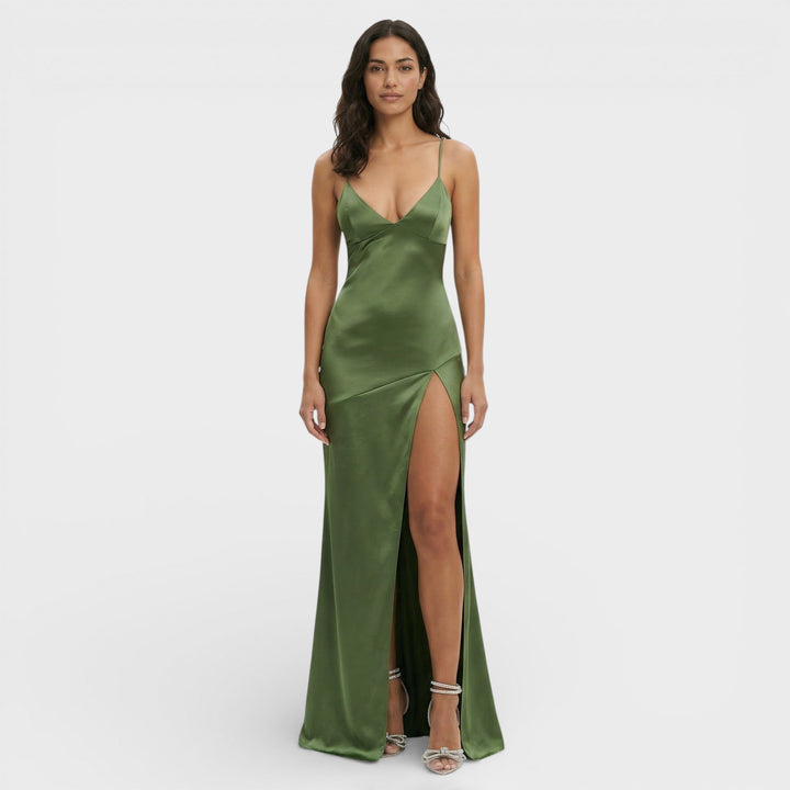 Vestido maxi para mujer con escote en V, tirantes finos y abertura lateral