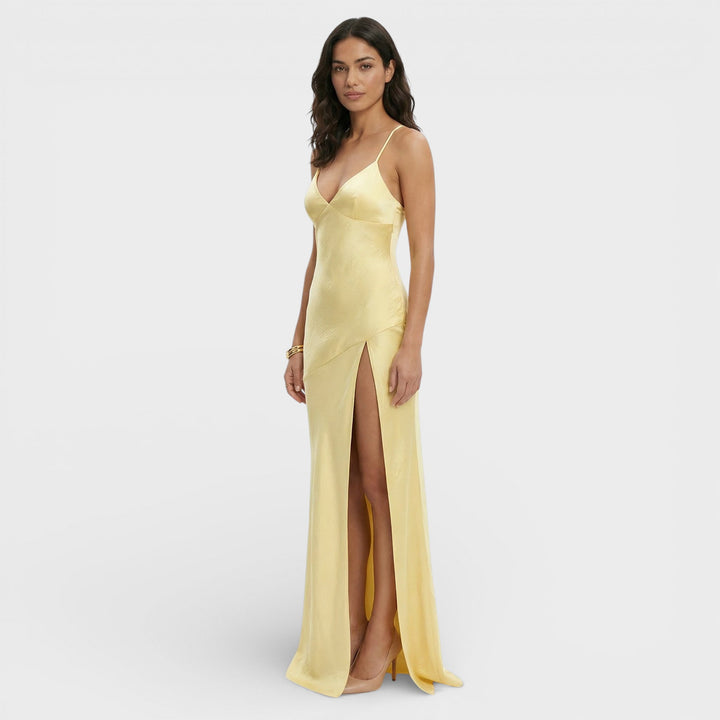 Vestido maxi para mujer con escote en V, tirantes finos y abertura lateral
