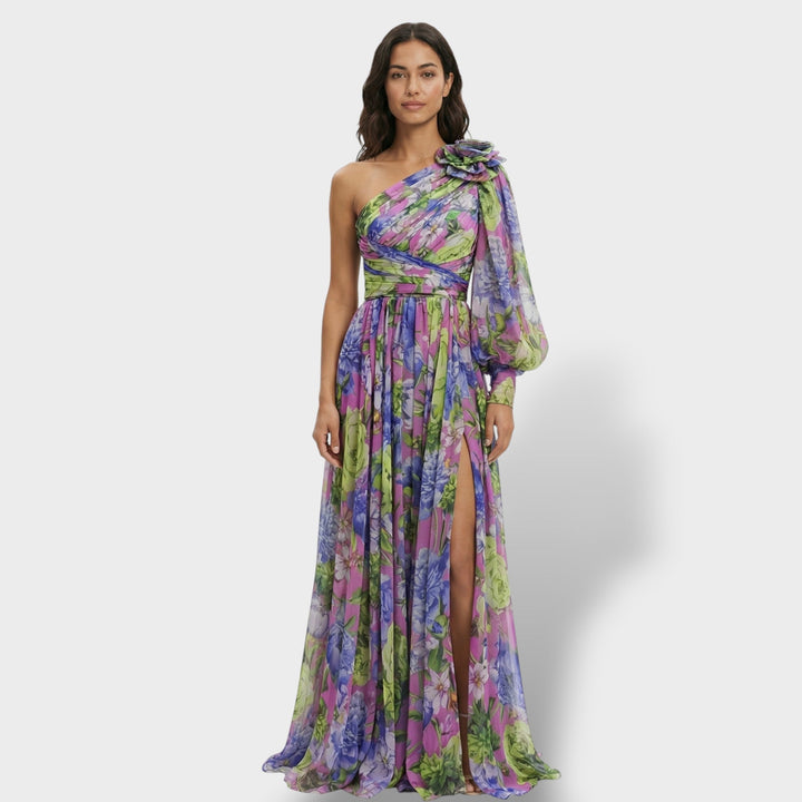 Vestido maxi para mujeres multicolor asimétrico con flores y abertura en el hombro