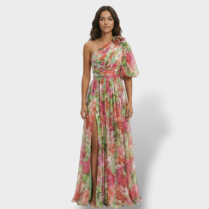 Vestido maxi para mujeres multicolor asimétrico con flores y abertura en el hombro