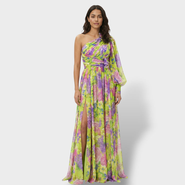 Vestido maxi para mujeres multicolor asimétrico con flores y abertura en el hombro