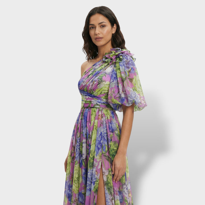 Vestido maxi para mujeres multicolor asimétrico con flores y abertura en el hombro