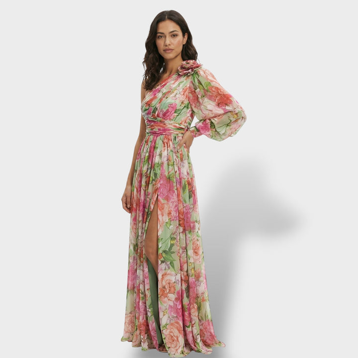 Vestido maxi para mujeres multicolor asimétrico con flores y abertura en el hombro
