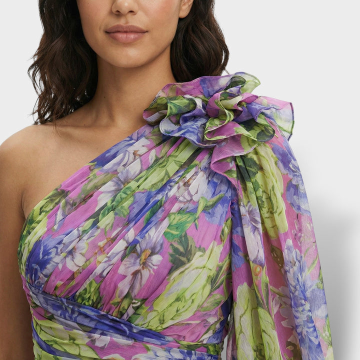 Vestido maxi para mujeres multicolor asimétrico con flores y abertura en el hombro