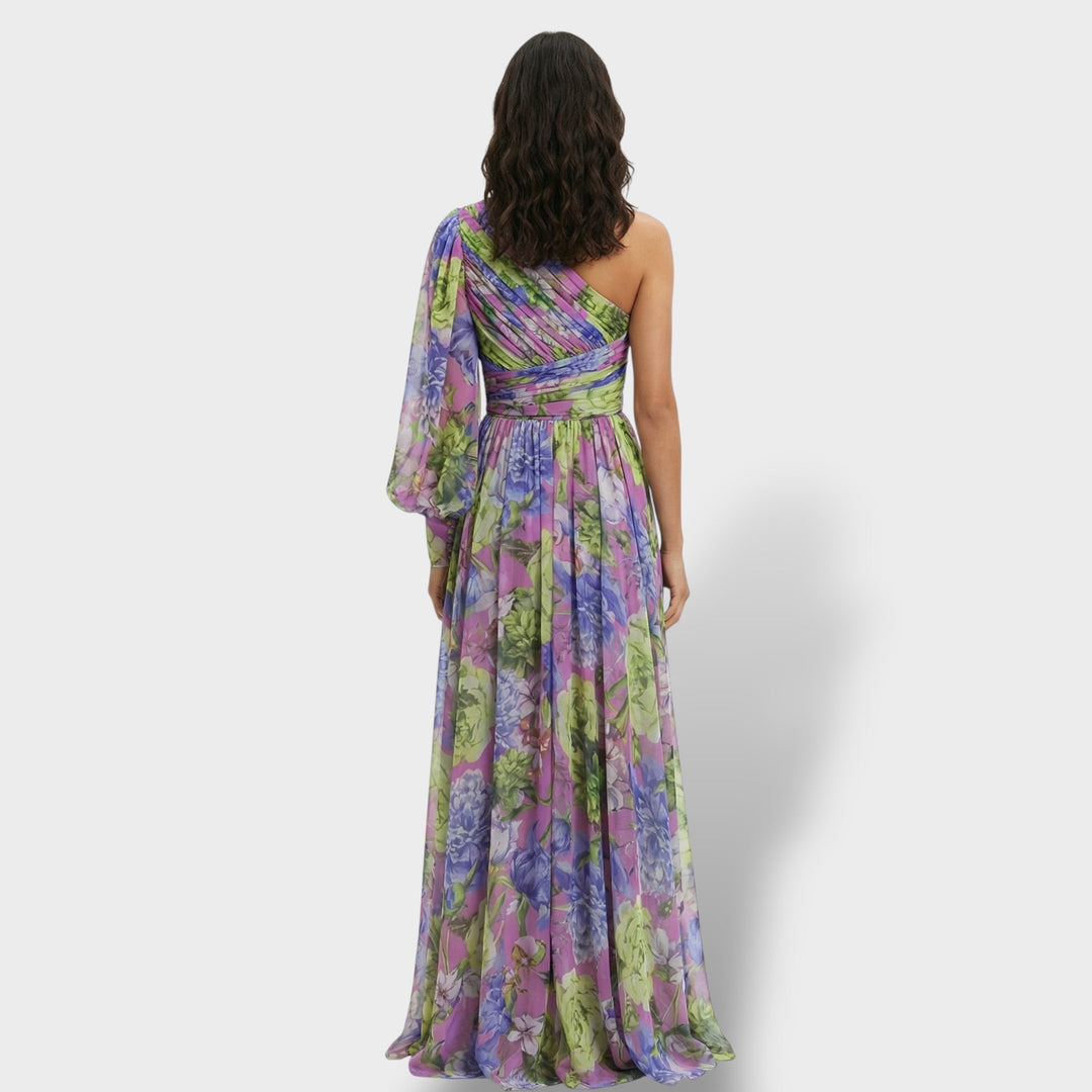 Vestido maxi para mujeres multicolor asimétrico con flores y abertura en el hombro