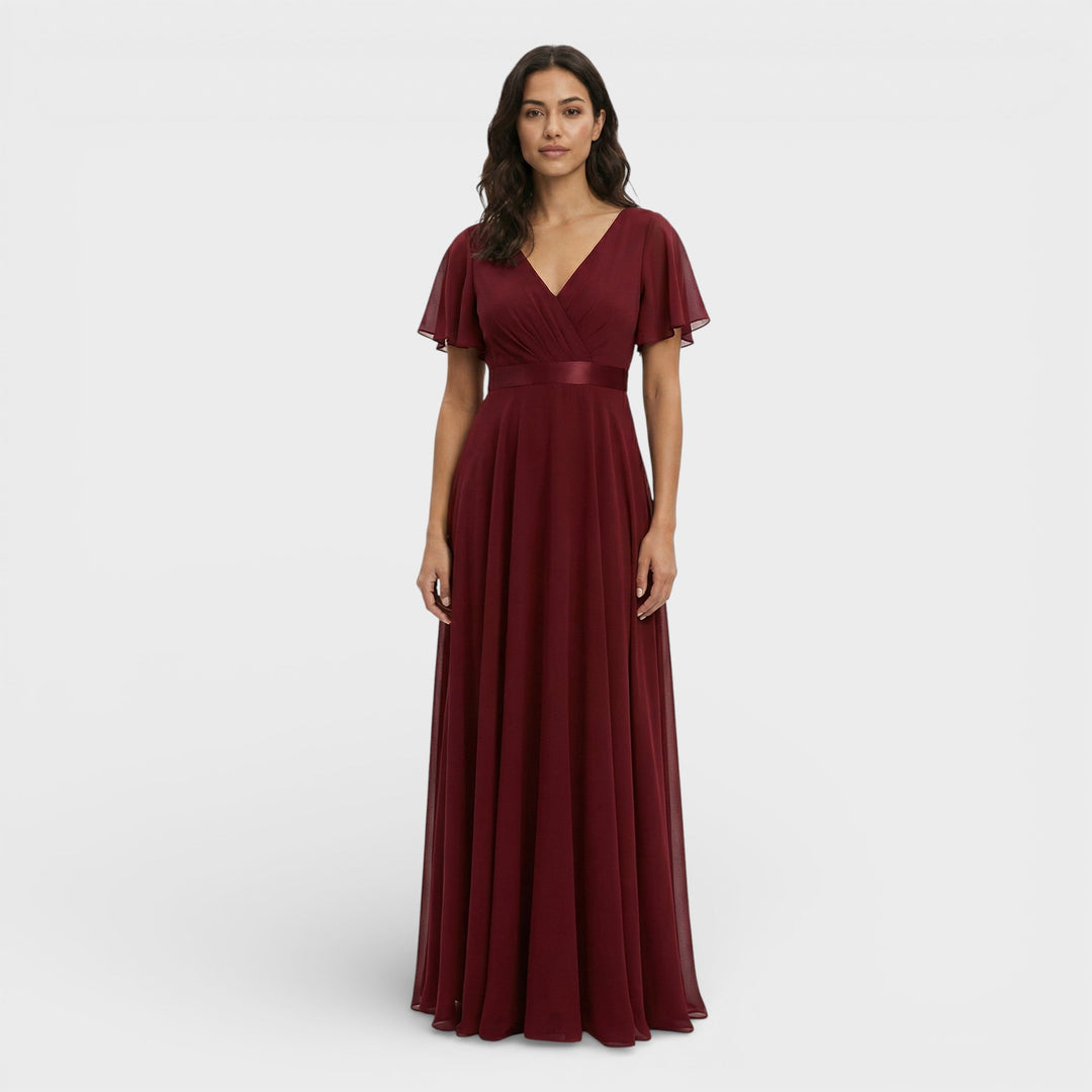 Vestido Maxi de mujer con escote en V, plisado, mangas de mariposa, cintura imperio
