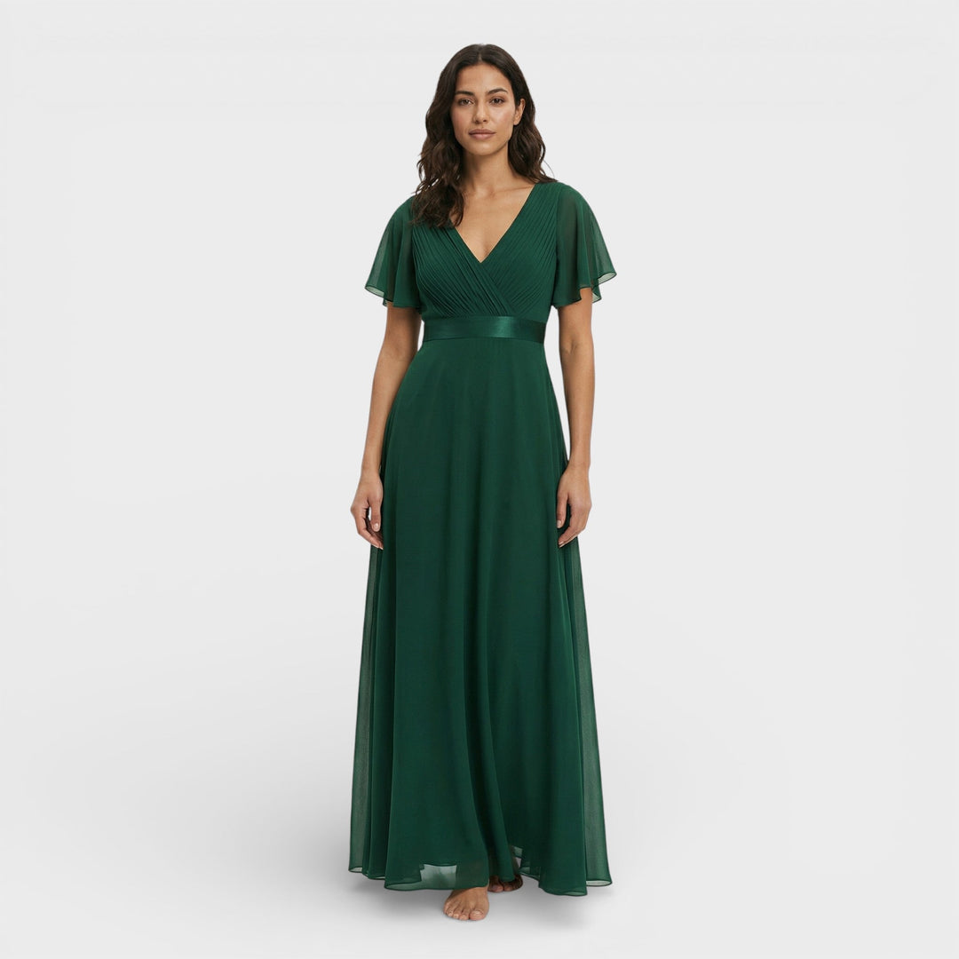 Vestido Maxi de mujer con escote en V, plisado, mangas de mariposa, cintura imperio