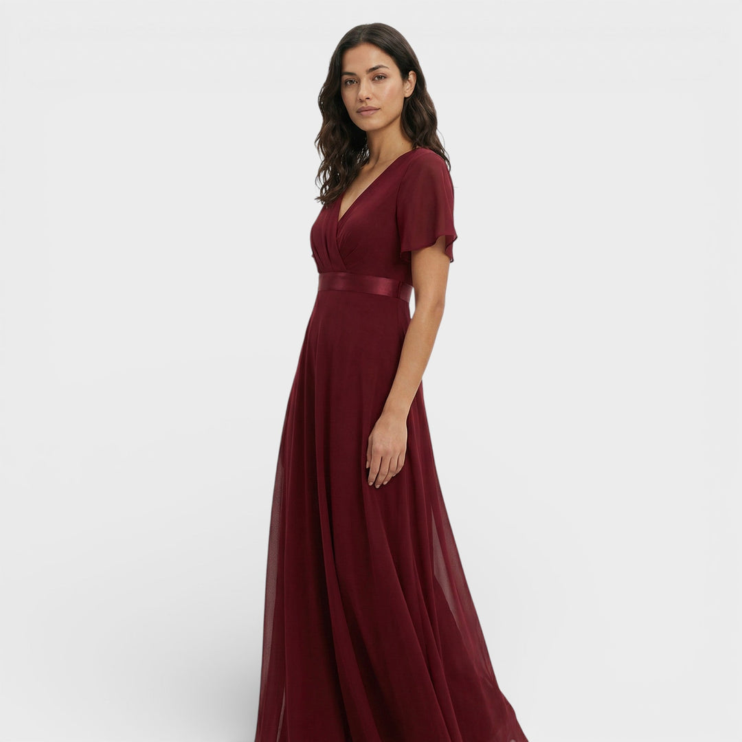 Vestido Maxi de mujer con escote en V, plisado, mangas de mariposa, cintura imperio