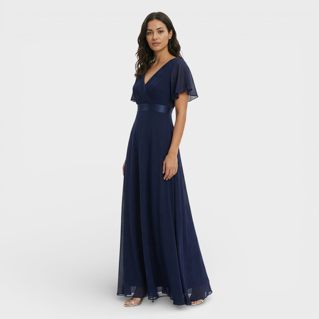 Vestido Maxi de mujer con escote en V, plisado, mangas de mariposa, cintura imperio
