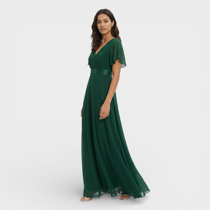 Vestido Maxi de mujer con escote en V, plisado, mangas de mariposa, cintura imperio