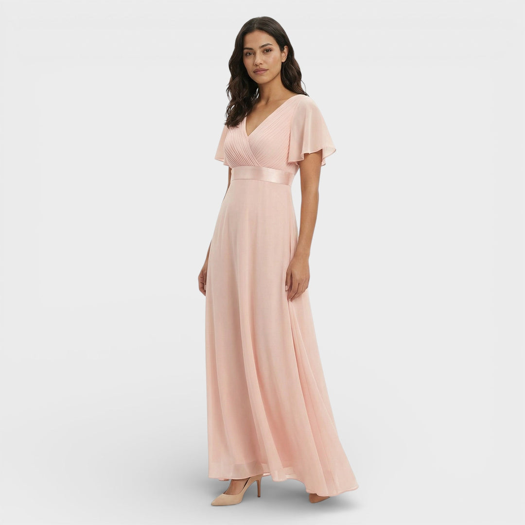 Vestido Maxi de mujer con escote en V, plisado, mangas de mariposa, cintura imperio