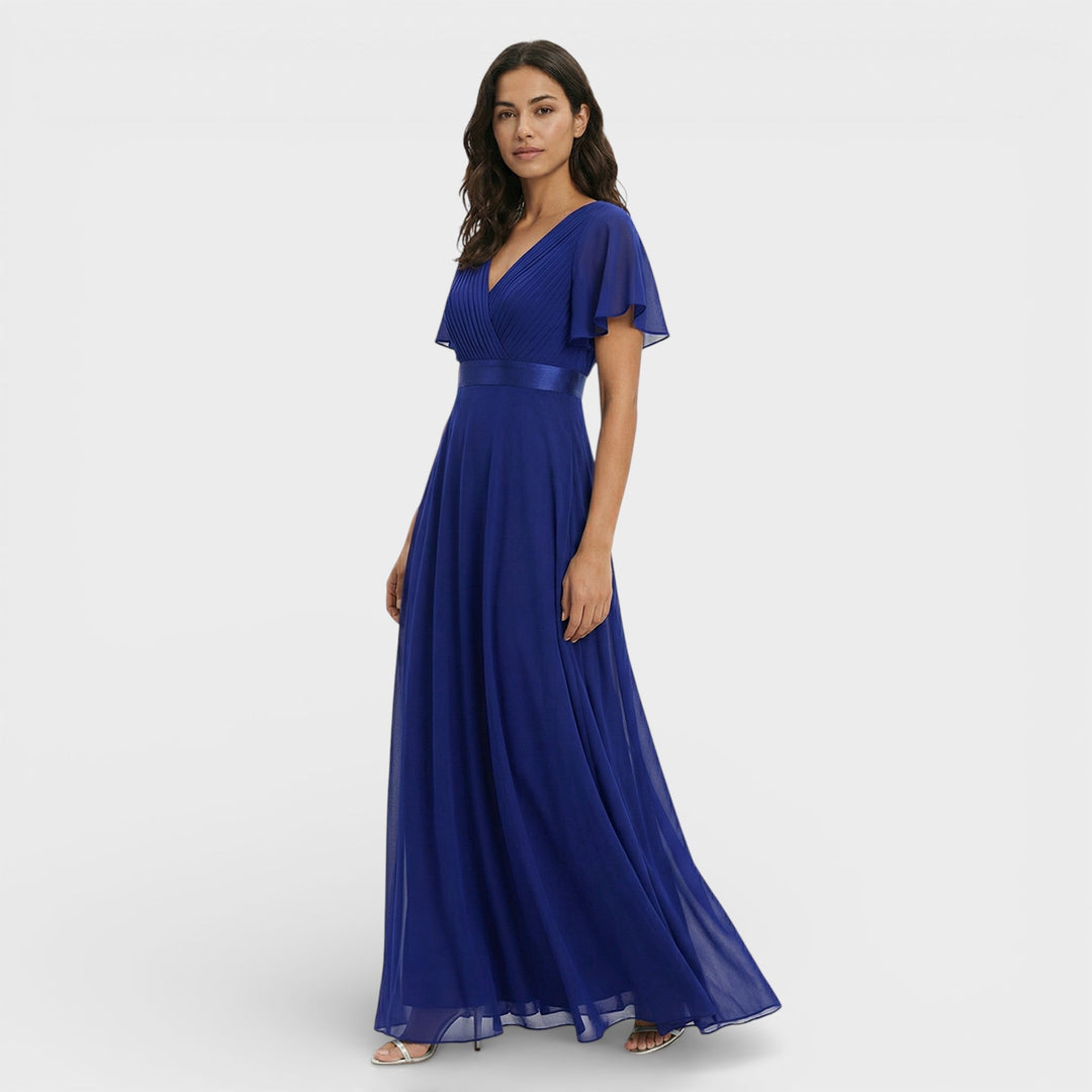Vestido Maxi de mujer con escote en V, plisado, mangas de mariposa, cintura imperio