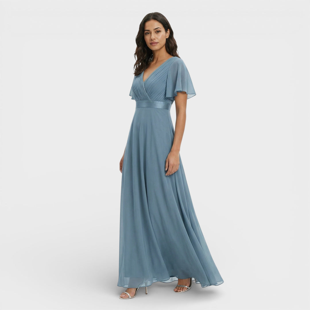 Vestido Maxi de mujer con escote en V, plisado, mangas de mariposa, cintura imperio