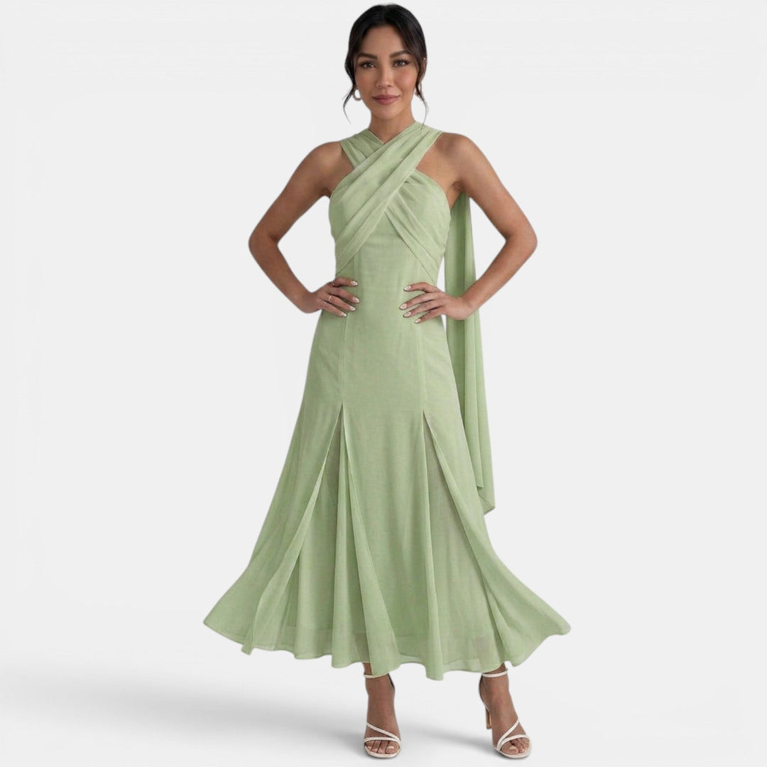Vestido maxi de mujer con tirantes cruzados, escote halter drapeado y falda fluida
