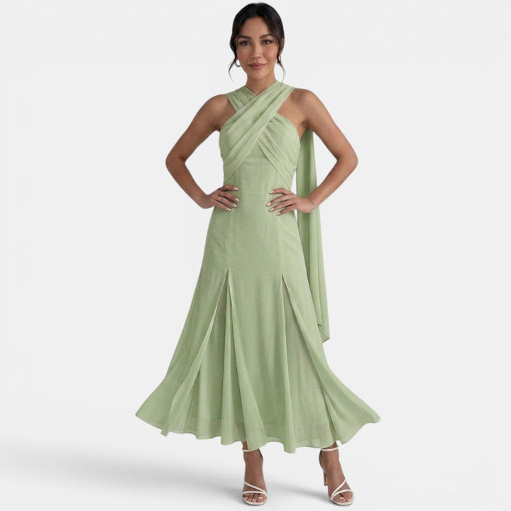 Vestido maxi de mujer con tirantes cruzados, escote halter drapeado y falda fluida