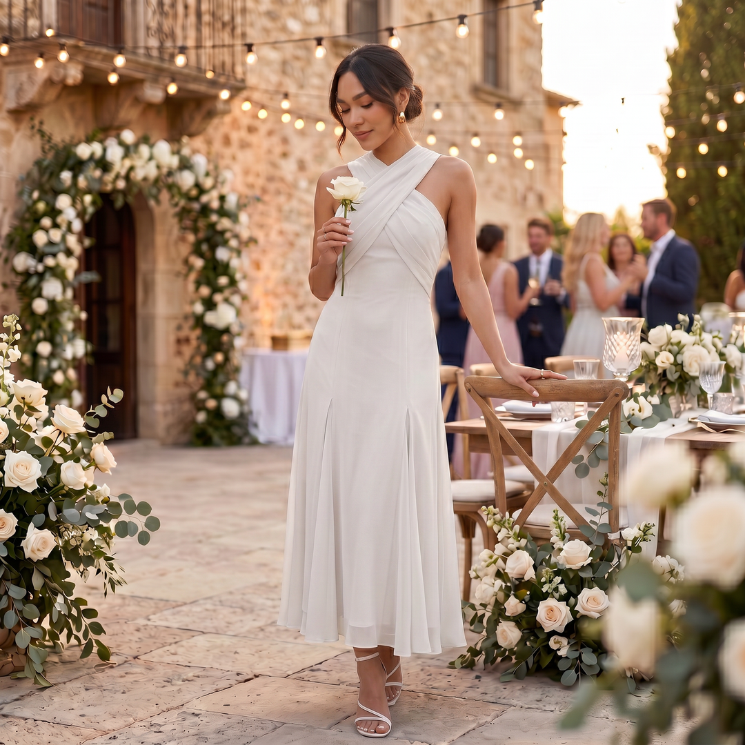 Vestido maxi de mujer con tirantes cruzados, escote halter drapeado y falda fluida