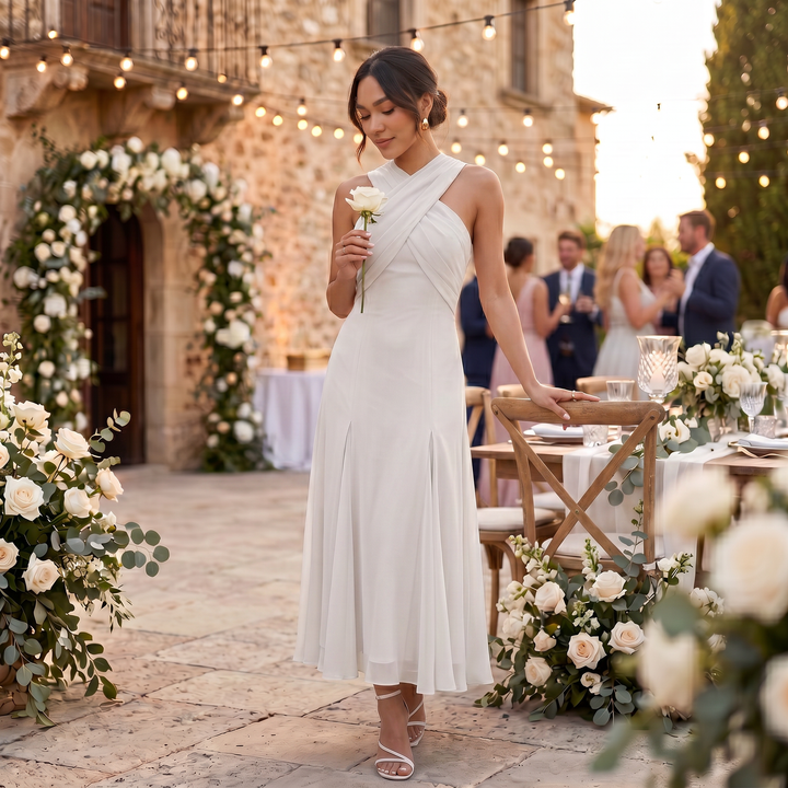 Vestido maxi de mujer con tirantes cruzados, escote halter drapeado y falda fluida