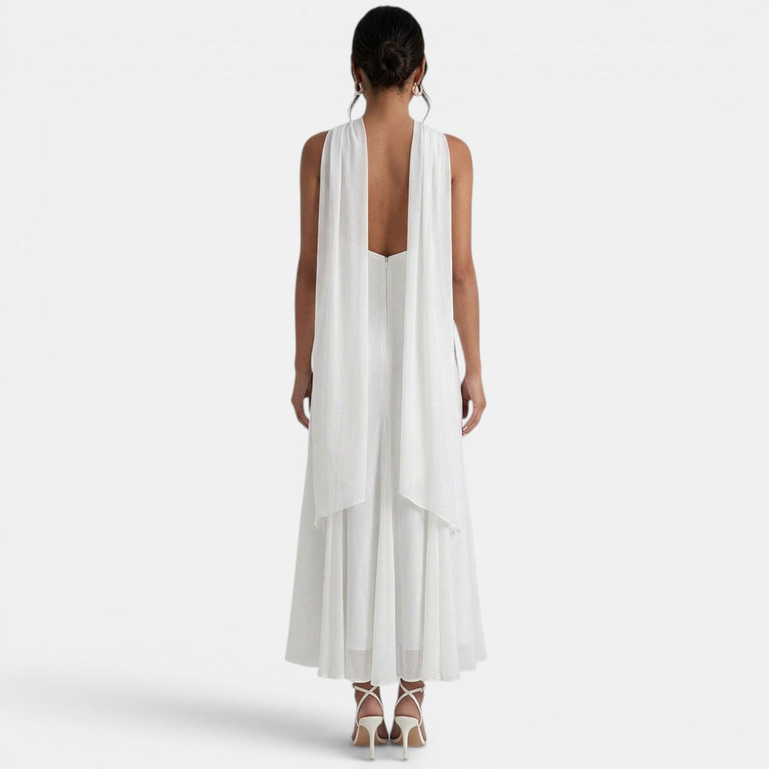 Vestido maxi de mujer con tirantes cruzados, escote halter drapeado y falda fluida