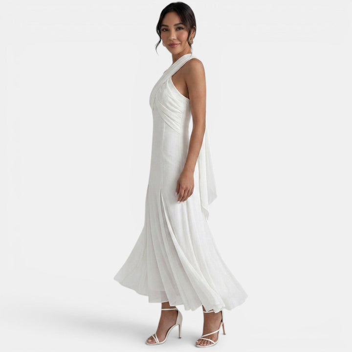 Vestido maxi de mujer con tirantes cruzados, escote halter drapeado y falda fluida